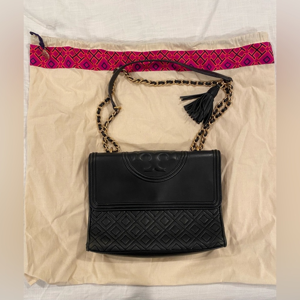 Tory Burch Fleming Diamond Quilted Lamb Leather Purse Black